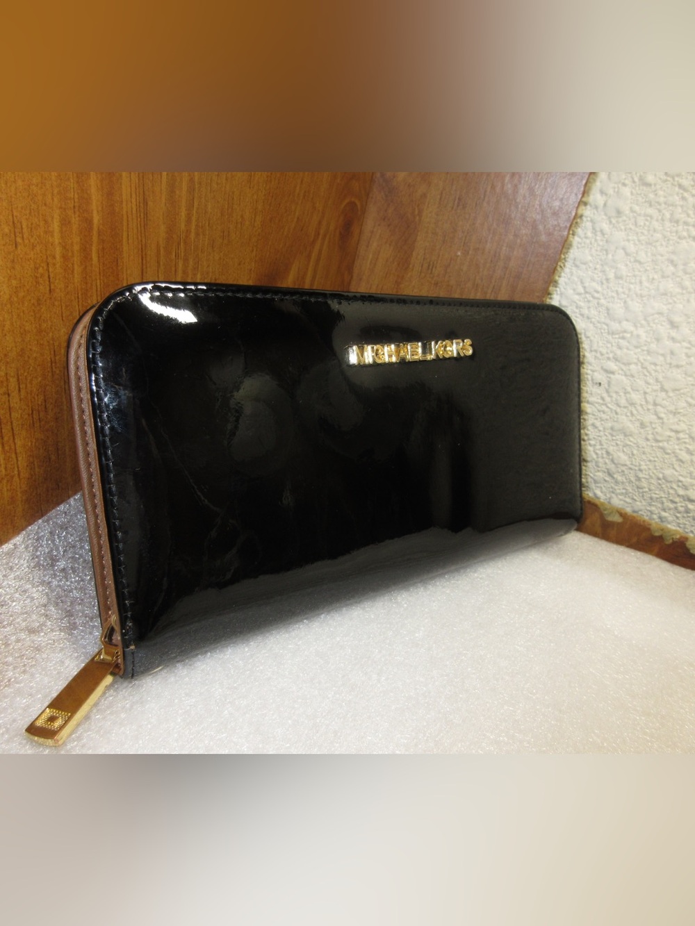 Michael Kors Black Patent Leather Zip-Around Wallet with Gold Logo